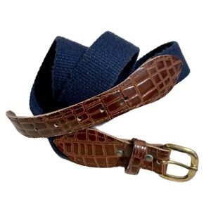 Web Belt Navy Blue Brown Croc-Embossed Leather Trim Sz 32 Casual Preppy Unisex